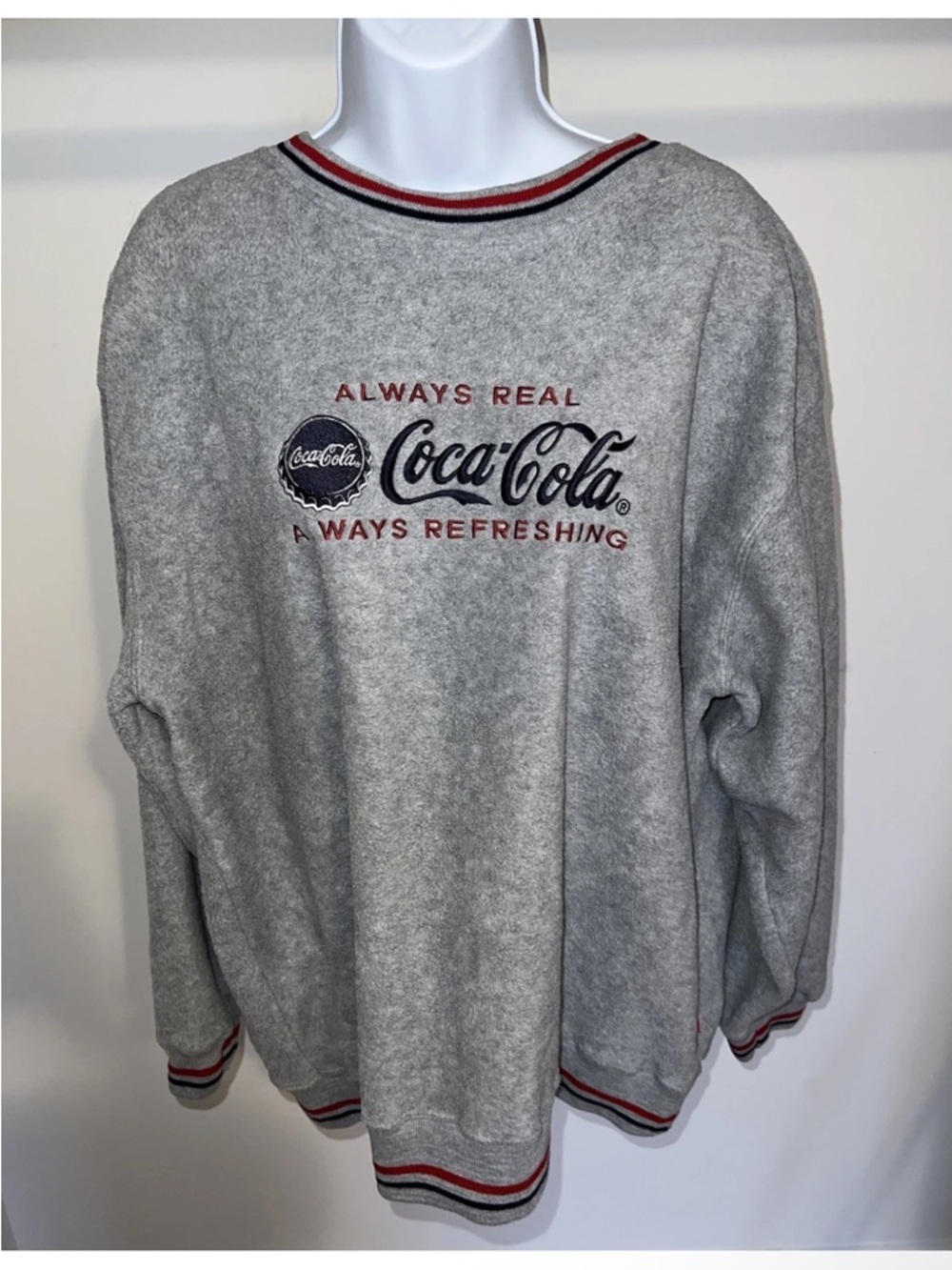 Vintage Coca Cola Grey Embroidered Stripes Sweater XL